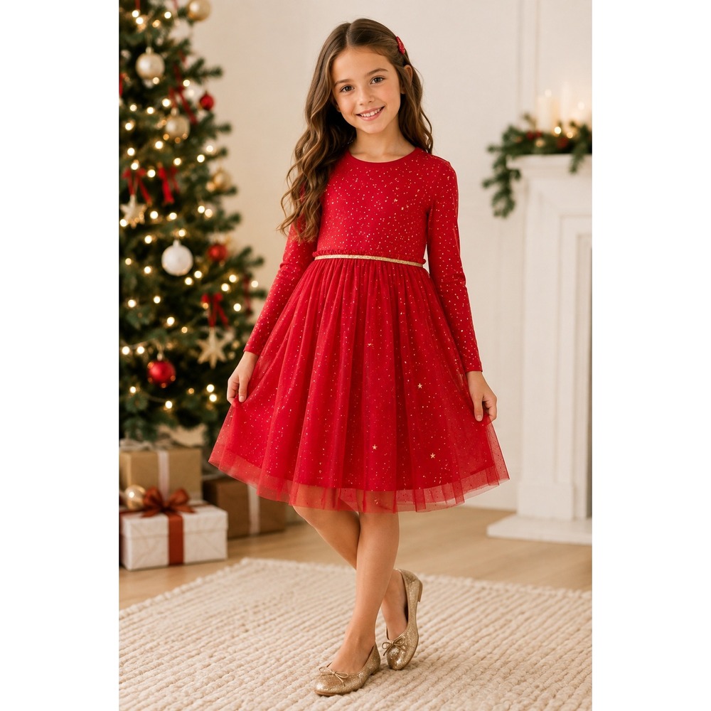 Hanna Andersson NWOT Red Gold Sparkle Tulle Dress Girls 8 130 Holiday Party